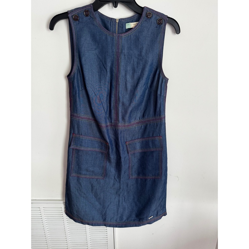 Ted Baker Rainbow Stitch Denim Shift Dress Womens Blue size 0‎ Mini Pockets